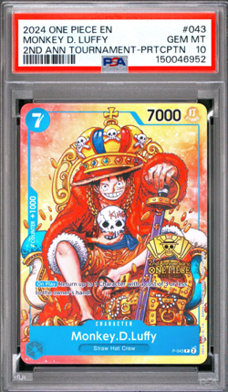PSA 10 Monkey D. Luffy P-043 Promo 2nd Anniversary Stamped One Piece TCG English - Image 1