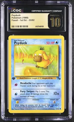 1999 Fossil - 1st Ed. Psyduck 53/62 CGC PRISTINE 10 Pokemon - Image 1