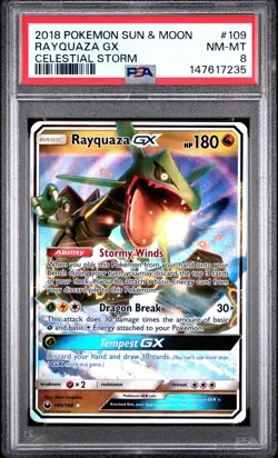 2018 POKEMON SUN & MOON CELESTIAL STORM #109 RAYQUAZA GX PSA 8 - Image 1