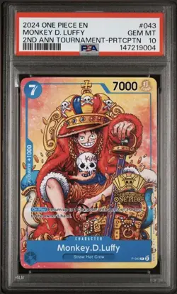Bandai One Piece Monkey D. Luffy P-043 PSA 10 2nd Ann Tournament EN Holo Promo - Image 1