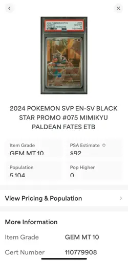 Pokemon Mimikyu Black Star Promo 075 PSA 10 Scarlet & Violet Paldean Fates ETB - Image 4