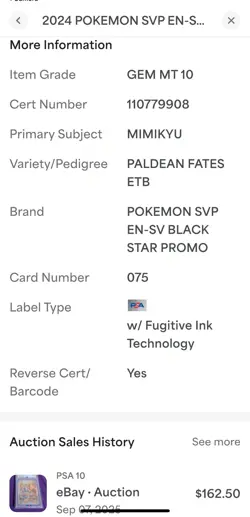 Pokemon Mimikyu Black Star Promo 075 PSA 10 Scarlet & Violet Paldean Fates ETB - Image 5