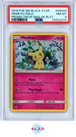 MIMIKYU-HOLO POKEMON PRM-TM.UP SNGL.PK.BLST. SM BLACK STR PRM 2019 SM163 PSA 8 - Image 1