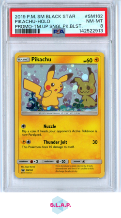 PIKACHU-HOLO POKEMON PRM-TM.UP SNGL.PK.BLST. SM BLACK STR PRM 2019 SM162 PSA 8 - Image 1