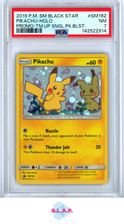 PIKACHU-HOLO POKEMON PRM-TM.UP SNGL.PK.BLST. SM BLACK STR PRM 2019 SM162 PSA 7 - Image 1