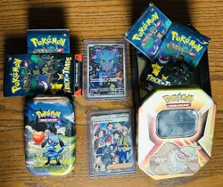 Pokemon TCG - Mini Tins (2,empty) , Halloween Packs (4) , Coin (1) , Cards (2) - Image 1