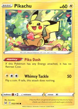 Pikachu 052/196 Common Lost Origin Pokemon Near Mint - Image 1