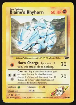 Blaine's Rhyhorn 65/132 Common Gym Challenge Pokemon Unlimited Damaged - Image 1