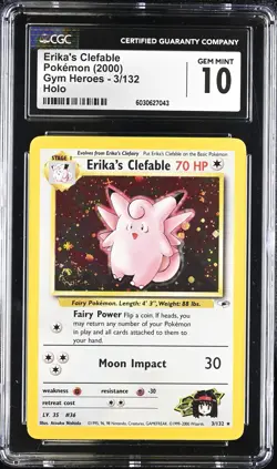 CGC 10 GEM MINT Erika's Clefable Gym Heroes 3/132 Holo SWIRL Pokemon Card - Image 1