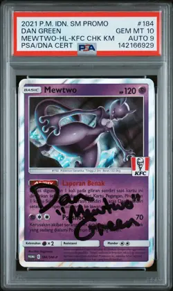 PSA 10 AUTO 9 2021 POKEMON INDONESIAN SM PROMO KFC MEAL 184 MEWTWO DAN GREEN - Image 1