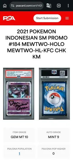 PSA 10 AUTO 9 2021 POKEMON INDONESIAN SM PROMO KFC MEAL 184 MEWTWO DAN GREEN - Image 2