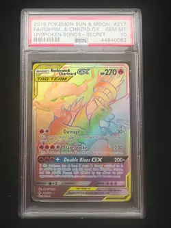 2019 POKEMON SUN & MOON UNBROKEN BONDS FULL ART/RESHIRAM & CHARIZARD GX PSA 10 - Image 1