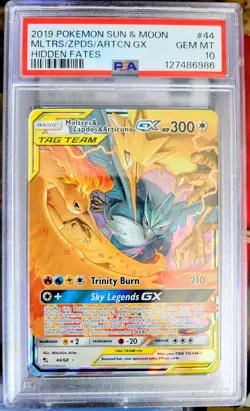 Gem Mint 10 Pokemon TCG Moltres & Zapdos & Articuno GX 44/68 Hidden Fates PSA - Image 1