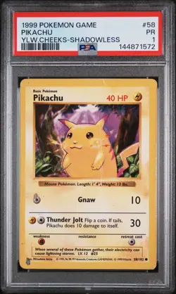 1999 POKEMON BASE SET SHADOWLESS YELLOW CHEEKS-#58 PIKACHU PSA 1 - Image 1