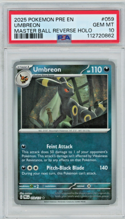 2025 Pokemon Prismatic Evolutions Umbreon #059 Master Ball Reverse Holo PSA 10 B - Image 1