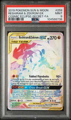 2019 POKEMON SUN & MOON COSMIC ECLIPSE #259 FULL ART/RESHIRAM & ZEKROM GX PSA 9 - Image 1