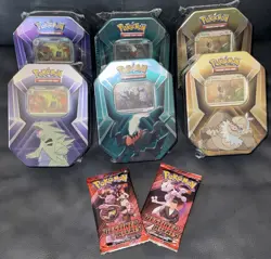 Pokemon Sealed Triple Whammy Tin Lot Full Case x6 Tins 2 Full Art Sets W/ Bonus - Image 1