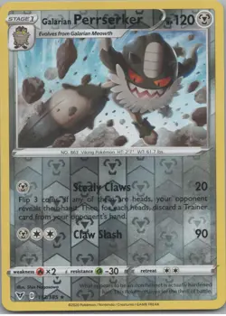 Galarian Perrserker 113/185 Rare Vivid Voltage Pokemon Reverse Holo Near Mint - Image 1