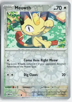 Meowth 052/165 Common 151 Pokemon Reverse Holo Near Mint - Image 1