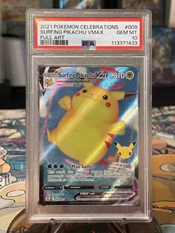 2021 POKEMON CELEBRATIONS #009 FULL ART/SURFING PIKACHU VMAX PSA 10 - Image 1