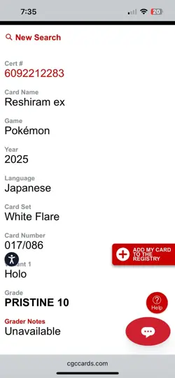 CGC Pristine 10 Reshiram ex 017/086 White Flare Holo JP 2025 Pokemon TCG - Image 5