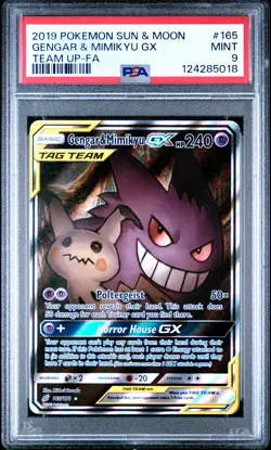 2019 POKEMON SUN & MOON TEAM UP #165 FULL ART/GENGAR & MIMIKYU GX PSA 9 - Image 1