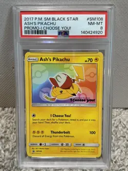 ASH'S PIKACHU PROMO-I CHOOSE YOU! POKEMON SM BLACK STAR PROMO 2017 SM108 PSA 8 - Image 1