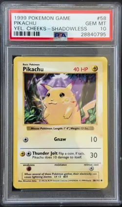 Pokemon Shadowless Pikachu Yellow Cheeks 058/102 -PSA 10 GEM MINT - Base Set - Image 1