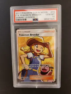 PSA 10 GEM MINT Pokemon Breeder FULL ART 73/73 ULTRA Graded Slab Shining Legends - Image 1