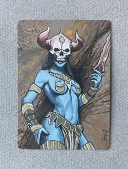 Magic MTG Altered Painted Swamp Bone Queen Anime Girl by white_alters - Image 1