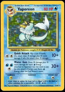 Pokemon TCG Vaporeon Holo Rare Card 12/64 Jungle Set, Vintage 1999 MP - Image 1
