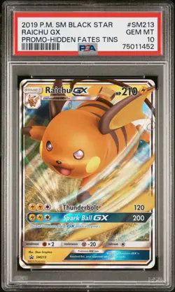 2019 POKEMON SM BLACK STAR PROMO HIDDEN FATES TINS #SM213 RAICHU GX PSA 10 - Image 1