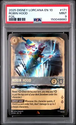 2025 DISNEY LORCANA WHISPERS IN THE WELL FOIL ROBIN HOOD EPHEMERAL ARCHER PSA 9 - Image 1