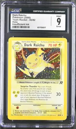 Pokemon CGC 9 Dark Raichu Holo - Team Rocket 83/82 - Insufficient Ink Error - Image 1