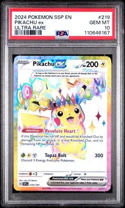 2024 POKEMON SSP EN-SURGING SPARKS ULTRA RARE #219 PIKACHU EX PSA 10 - Image 1
