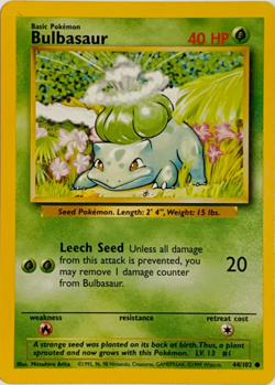 Bulbasaur 44/102 Base Set Unlimited Original Vintage Pokemon Card Pokemon TCG LP - Image 1