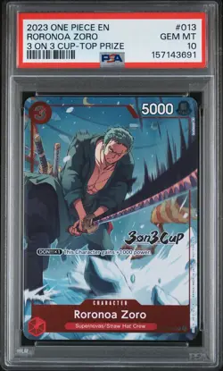 2023 ONE PIECE PROMOS 3 ON 3 CUP-TOP PRIZE #013 RORONOA ZORO PSA 10 - Image 1