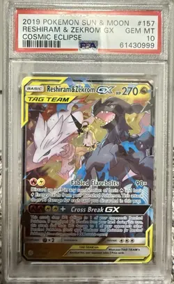 Sun & Moon Cosmic Eclipse #157/236 Reshiram & Zekrom GX TAG TEAM FA Holo PSA 10 - Image 1