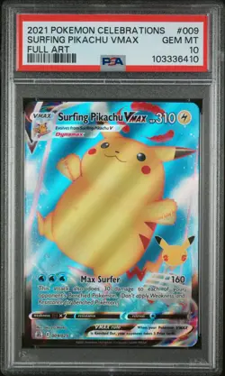 POKEMON 2021 Celebrations SURFING PIKACHU VMAX Full Art #009 PSA 10 Gem Mint - Image 1