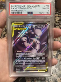 2019 POKEMON SUN & MOON UNIFIED MINDS #222 FULL ART/MEWTWO & MEW GX PSA 8 - Image 1