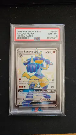 Lucario GX SV64/SV94 Hidden Fates: Shiny Vault Holo Pokemon PSA 8 - Image 1