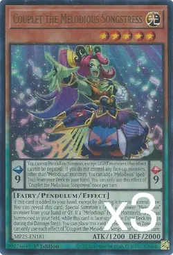3X Yugioh Couplet the Melodious Songstress MP25-EN181 Ultra Rare 1st Edition NM - Image 1