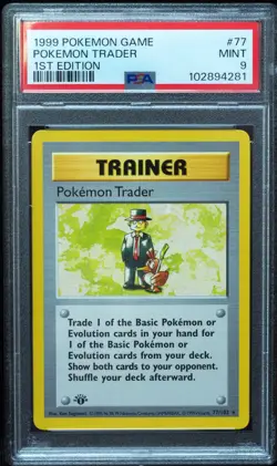 1st Edition Shadowless Pokemon Trader 77/102 Base Set Pokemon Card PSA 9 - Image 1