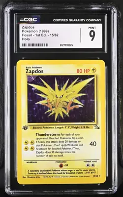 Pokemon TCG Zapdos 15/62 1999 Fossil - 1st Edition Rare Holo CGC 9 MINT - Image 1