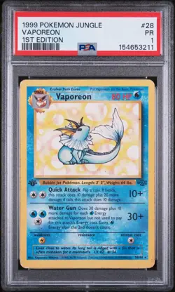 PSA 1 - Pokemon Vaporeon 12/64 1st Edition 1999 Holo Jungle Card English - Pop 6 - Image 1