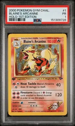 PSA 1 1ST EDITION 2000 Gym Challenge Blaine's Arcanine 1/132 Holo Foil Pokemon - Image 1