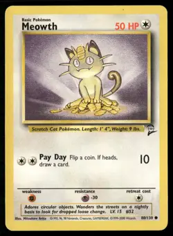 Meowth 80/130 Common Base Set 2 Pokemon Moderately Played - Image 1