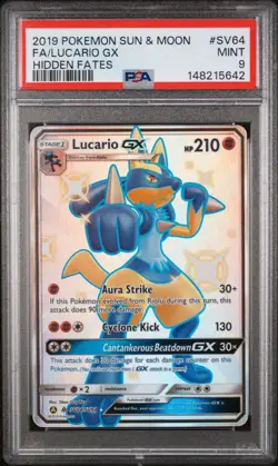 Pokemon Lucario GX SV64/SV94 Full Art SM Hidden Fates PSA 9 MINT - Image 1