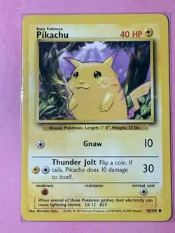 Pokemon Pikachu Card 58/102 Yellow Cheeks Base Set, WOTC 1999 Mp Scratched Back - Image 1