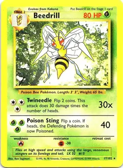 Beedrill 17/102 Rare Base Set Unlimited Pokemon Moderately Played - Image 1